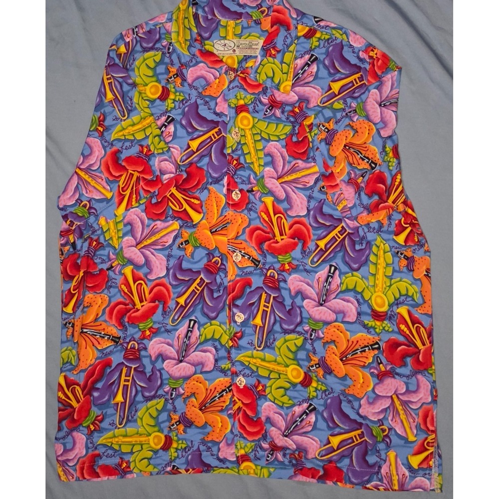 Bayou Wear Jazz Fest Fleur De Lis button up shirt Large New Orleans Horns